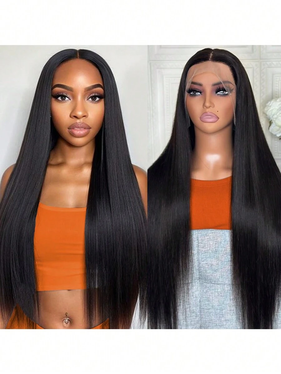 Tóc giả ren phía trước 36 inch bằng tóc thật 13x4 Tóc giả ren phía trước thẳng trong suốt dành cho phụ nữ Tóc thật được nhổ sẵn với tóc con Tóc giả màu tự nhiên không cần keo 180 mật độ dành cho phụ nữ Tóc giả bằng tóc thật 6-36 inch - Tự nhiên & Đen - Xem 1