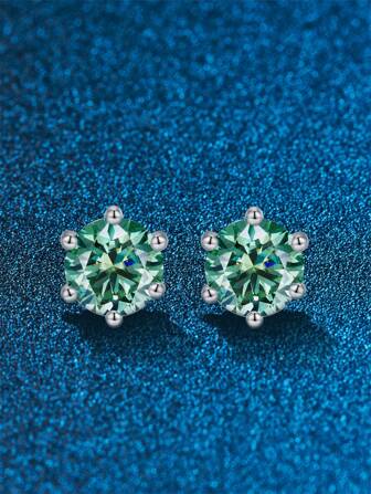 1PC Classic Six Claw And Shiny Green Color Moissanite Stud Earrings Luxury Jewelry Gifts For Women S925 Sterling Silver Fine Ladies Jewelry Gift Wedding Bridal Jewelry Diamond Earrings