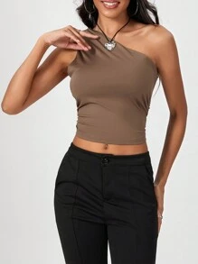 Women's Summer One Shoulder Tank Tops  Soft Stretchy Solid Color Floral For Daily Date Night Party - 棕色 - 查看 10