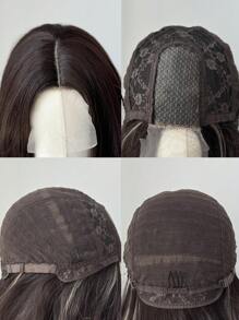 角色扮演前额蕾丝长波浪假发，中分假发，前额形蕾丝 4*1 棕黑色 26 英寸半编织日常自然、光滑、逼真假发 - 挑染棕色 - 查看 8