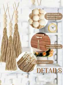 5/10 CÁI Mặt dây chuyền hạt gỗ, Tua dây thừng đay với 3 hạt gỗ, Phụ kiện túi mặt dây chuyền bằng gỗ, Trang trí thủ công mộc mạc, Tua dây vải bố cho dự án vòng hoa hạt gỗ thủ công DIY cho cây thông Noel, Trang trí tiệc cưới tại nhà - Nhiều màu - Xem 3