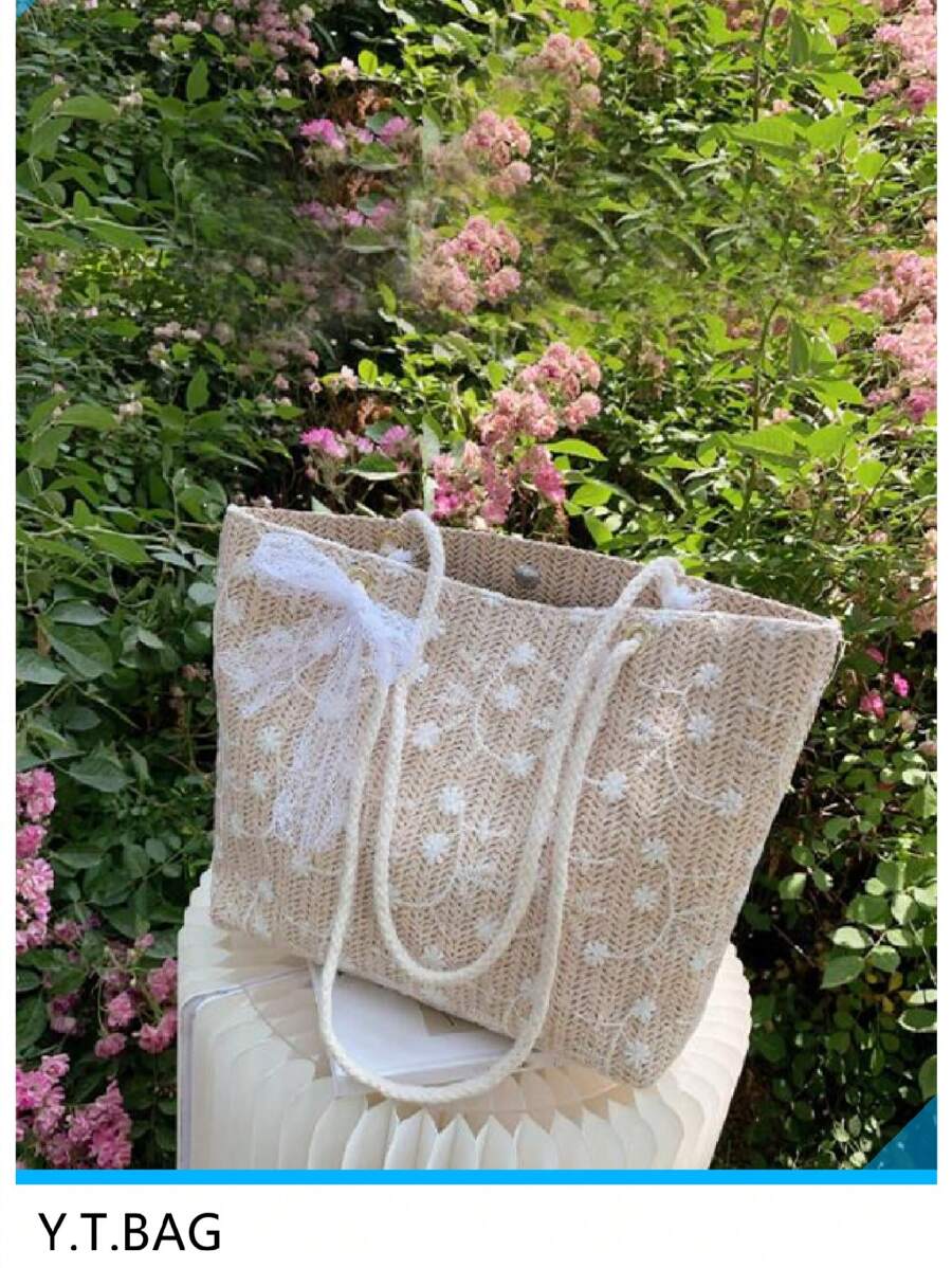 Cute,Kawaii Flowers Floral Embroidery Bow Decor Straw Shoulder Tote Bag, For Women, Rookies & White-Collar Workers,For Lady,For Female,For Teacher Gifts,For Girl, Teen Girls Large Capacity For Business/Commute/Work/Office,For Festivals/Vacation/Holiday - Beige - View 1