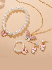 1 套青少年珠宝套装，包括人造珍珠手链、戒指、可爱油滴蝴蝶项链和耳环