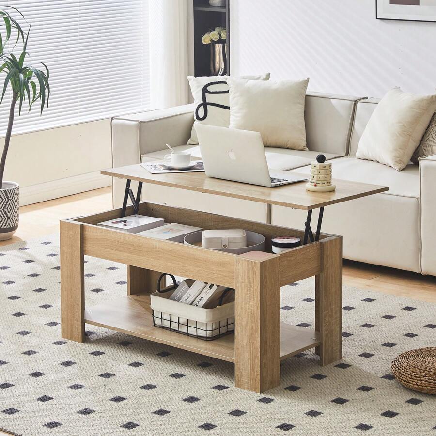 CLIPOP Lift Top Coffee Table, Wooden Coffee Table With Hidden Compartment And Open Storage Shelf,Modern Sofa Side Table Center Table For Living Room And Bedroom - 棕色 - 查看 1