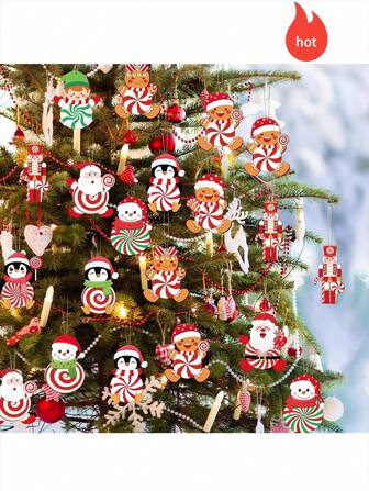 12st/24st/36st julträdekorationer, klubbor godisdekorationer, jultomte, snögubbe, pingvin, dekorativa hängdekorationer för pepparkakor, trähantverk med rep, lämplig för familjesammankomster, helgdagar, julfestdekorationer
