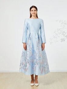 提花编织优雅女士长款晚礼服，长袖正式舞会礼服，适合婚礼宾客、毕业典礼、晚宴、派对礼服 - 彩色 - 查看 7