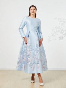 提花编织优雅女士长款晚礼服，长袖正式舞会礼服，适合婚礼宾客、毕业典礼、晚宴、派对礼服 - 彩色 - 查看 2