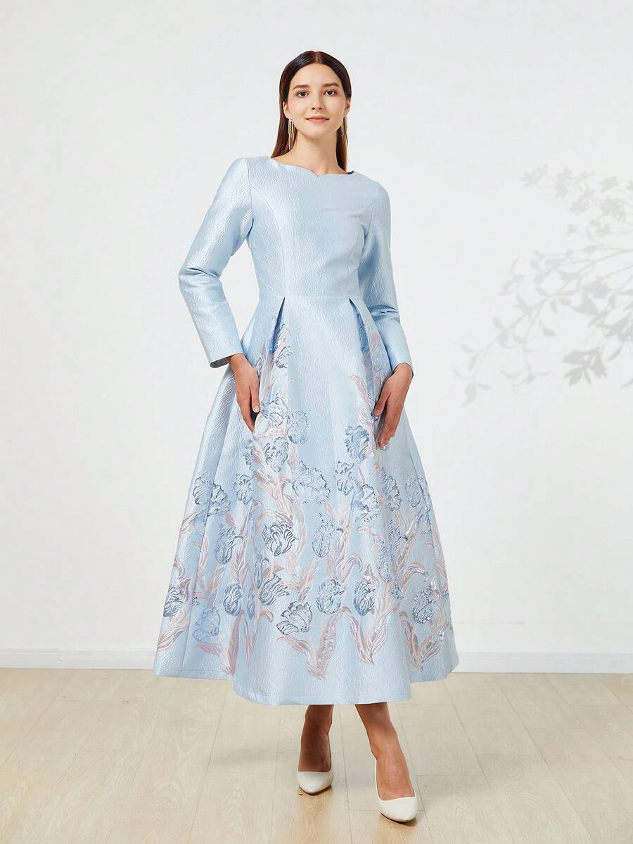 提花编织优雅女士长款晚礼服，长袖正式舞会礼服，适合婚礼宾客、毕业典礼、晚宴、派对礼服