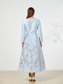 提花编织优雅女士长款晚礼服，长袖正式舞会礼服，适合婚礼宾客、毕业典礼、晚宴、派对礼服 - 彩色 - 查看 4