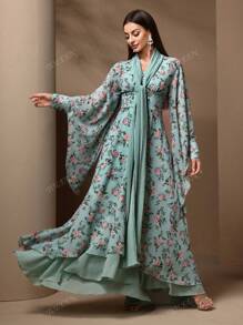 Women's Elegant Floral Print Waist Cinching Dress, Autumn
