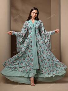 Women's Elegant Floral Print Waist Cinching Dress, Autumn