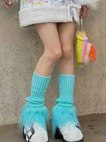 1 双女士毛绒暖腿套，针织舒适暖腿套，日式原宿可爱长筒袜，秋冬款 - 彩色 - 查看 2