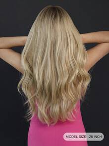 Tóc giả màu vàng ombre có mái xoăn gợn sóng cho nữ 26 inch chịu nhiệt, tóc giả tổng hợp mờ trông tự nhiên, dùng cho tiệc tùng hàng ngày Peluca - Tóc vàng ombre - Xem 4