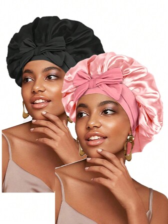 2pcs Women's 36cm Diameter Ribbon Bow Decor Elastic Silk-Like Wide Brim Cloche Hat, Sleep Cap, Hair Wrap, Salon Care Cap