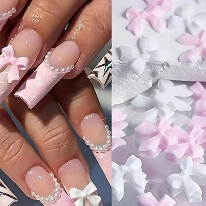 Kit de decoraciones de uñas con flores 3D en forma de lazo, decoraciones de arte de uñas rosa y blanco con perlas, juego de manicura con gemas acrílicas de flores lindas para manualidades DIY y suministros de uñas