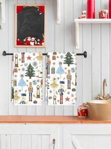 18"X26" Christmas Nutcracker & Pine Tree White Super Soft Fiber Kitchen Towel, Holiday Decor Dish Cloth, Housewarming Gift