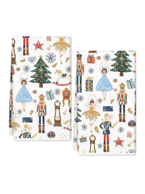 18"X26" Christmas Nutcracker & Pine Tree White Super Soft Fiber Kitchen Towel, Holiday Decor Dish Cloth, Housewarming Gift