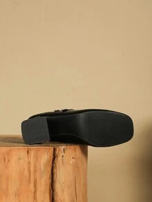 女士方头玛丽珍鞋款双扣粗跟黑色舒适简约鞋 - 黑色 - 查看 6