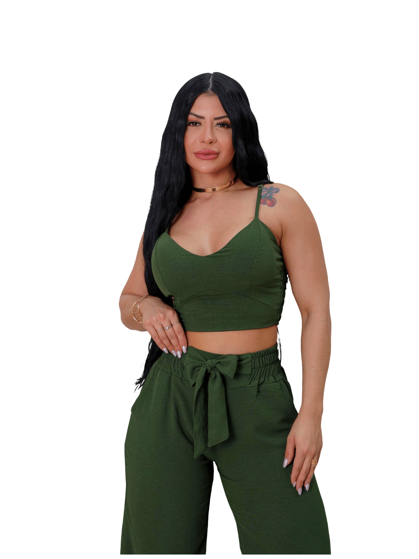 Women's Set: Wide Leg Pants And Cropped Top With Adjustable Straps, Cropped Top And Pants In Autumn And Winter Colors - Army Green - View 1
