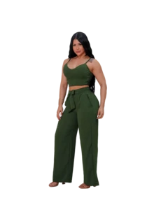 Women's Set: Wide Leg Pants And Cropped Top With Adjustable Straps, Cropped Top And Pants In Autumn And Winter Colors - Army Green - View 3