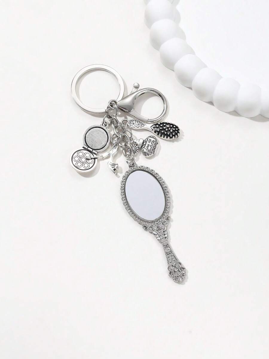 1 件装复古合金化妆镜梳子香水瓶高跟鞋眼影盘可爱女孩钥匙扣 - 復古銀色 - 查看 1