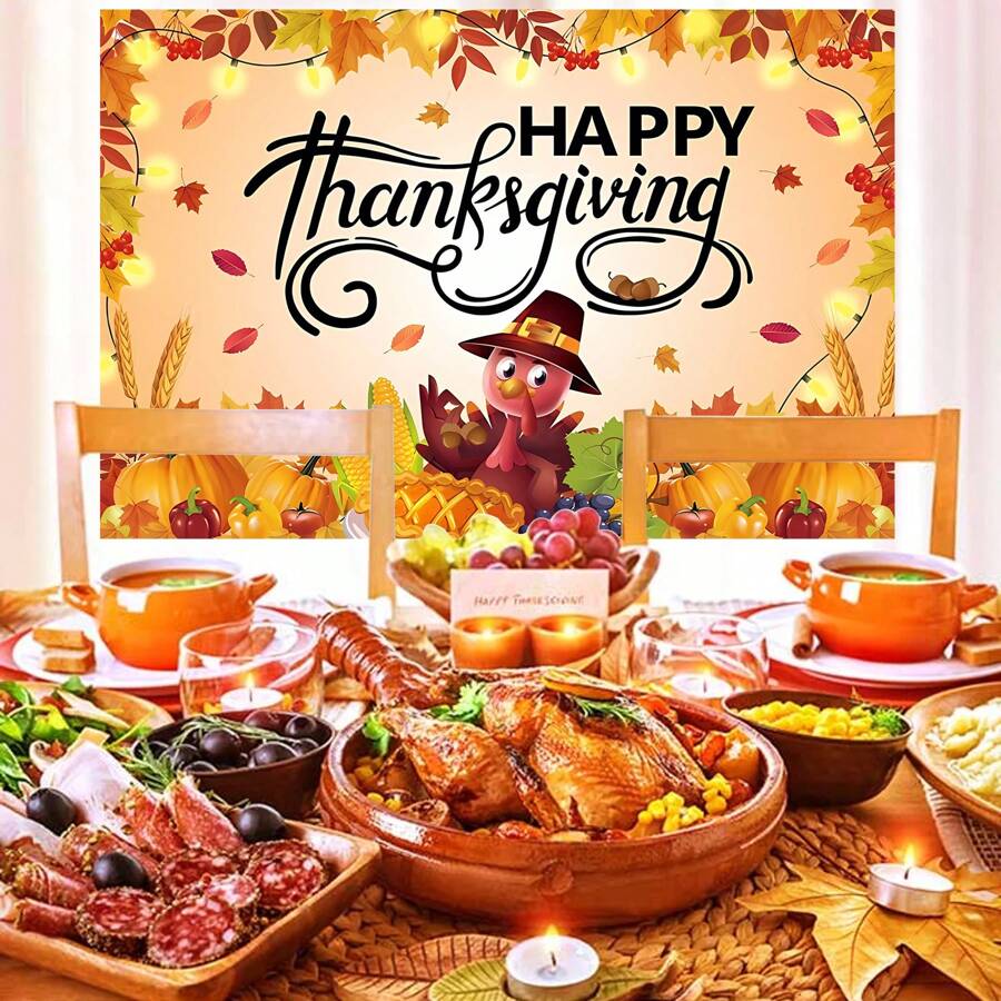 1pc Thanksgiving Photo Background, Autumn Harvest Pumpkin, Turkey Maple Leaf Party Banner, Easy To Hang Indoor And Outdoor Thanksgiving Decor, Various Sizes (210*150/150*100/100*75CM)