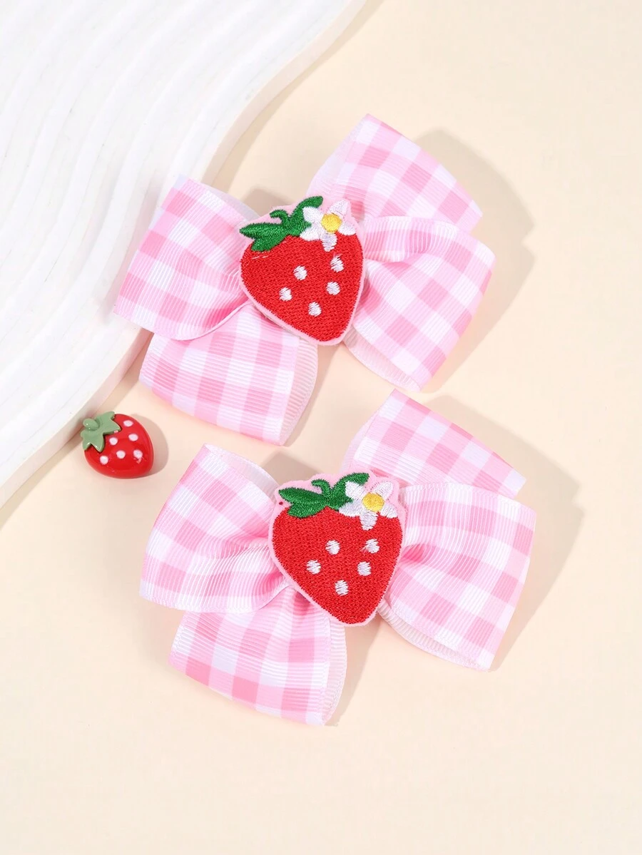 2 chiếc nơ cài tóc hình quả dâu tây cho nữ, nơ ruy băng grosgrain kẻ caro hình quả dâu tây dễ thương, kẹp tóc cá sấu có lót đầy đủ, nơ cài tóc hình quả dâu tây đáng yêu, nơ cài tóc hình quả dâu tây kẻ caro màu hồng ngọt ngào, phụ kiện tóc cho nữ - kẻ sọc dâu tây - Xem 1