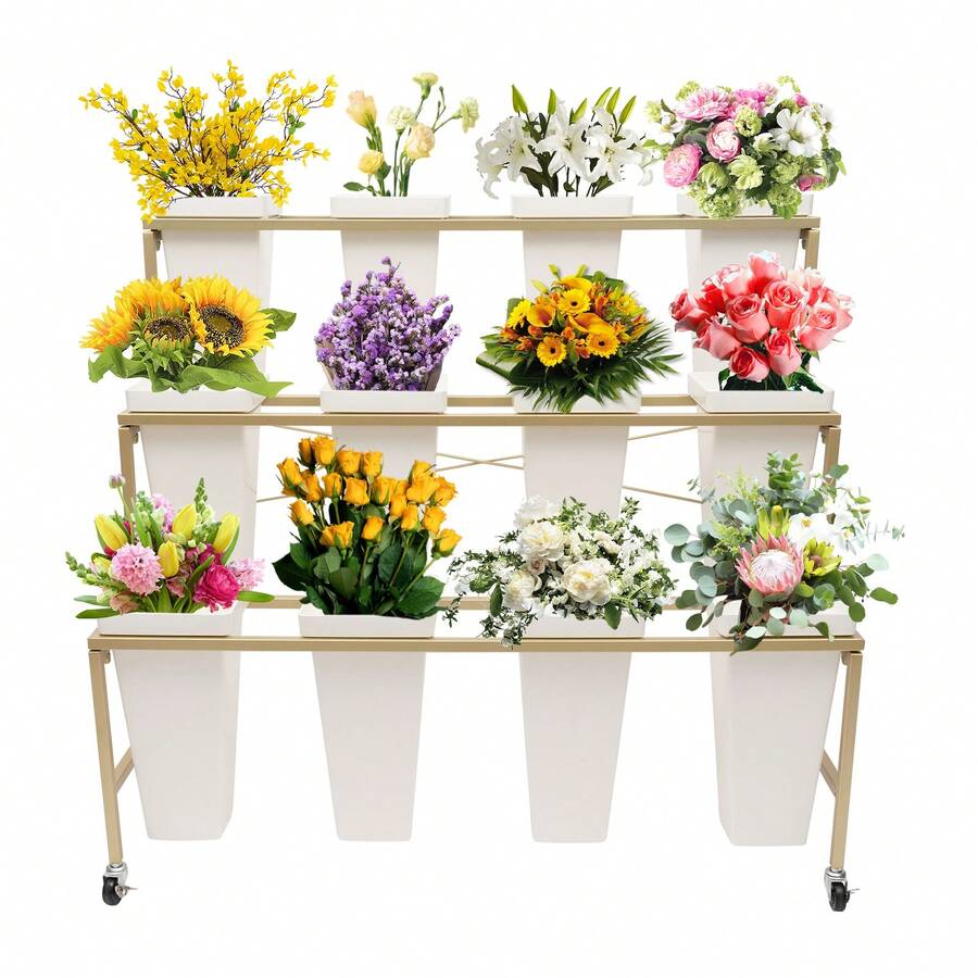 Gold Three Layer Flower Shop Flower Display Rack Gold One Layer With