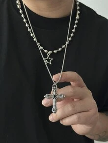 2pcs/Set Men's Punk Style Star Cross Pendant Necklace - Silver - View 6