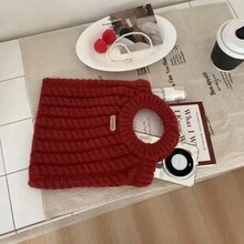 韩式针织酒红色手提包复古麻花手工羊毛包纯色百搭手提包 - 紅色 - 查看 2