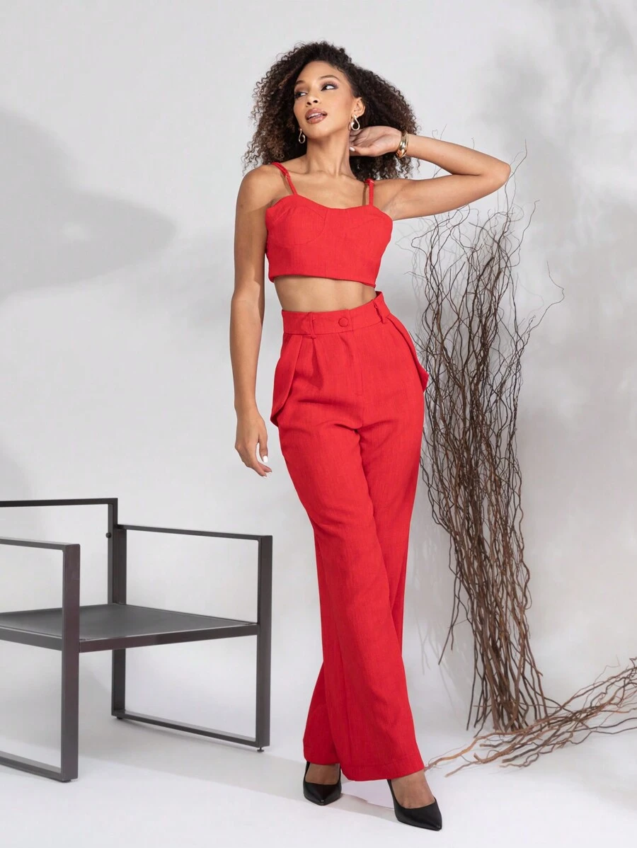 WOMEN'S FASHION SETS CROPPED PLUS PANTS LINEN - Red - View 1