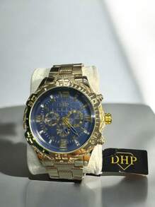 Kit Relógio Masculino Quartz DHP com Pulseira Aço + Caixa Presente dia dos Pais, Namorado - Dourado Azul - Visão 2