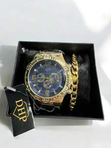 Kit Relógio Masculino Quartz DHP com Pulseira Aço + Caixa Presente dia dos Pais, Namorado - Dourado Azul - Visão 1