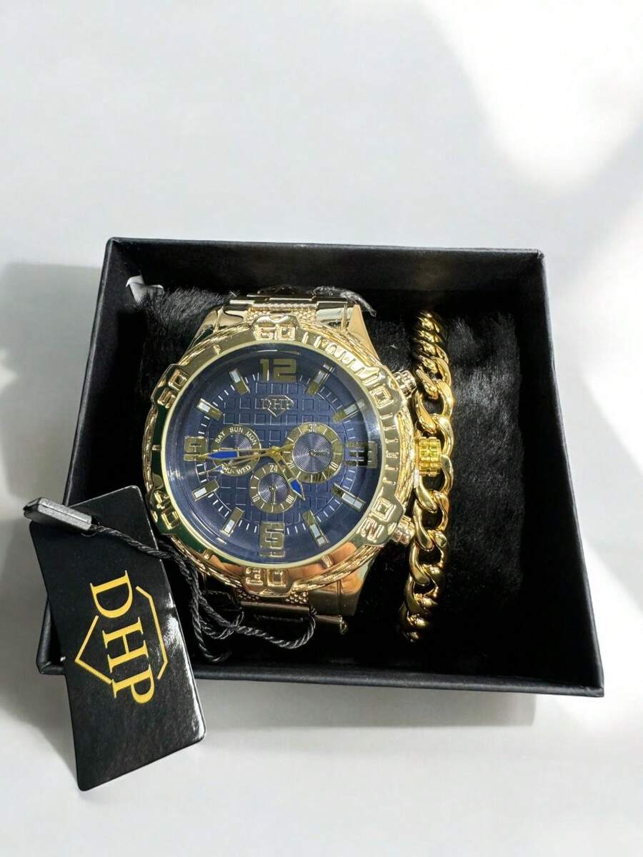 Kit Relógio Masculino Quartz DHP com Pulseira Aço + Caixa Presente dia dos Pais, Namorado - Dourado Azul - Visão 1