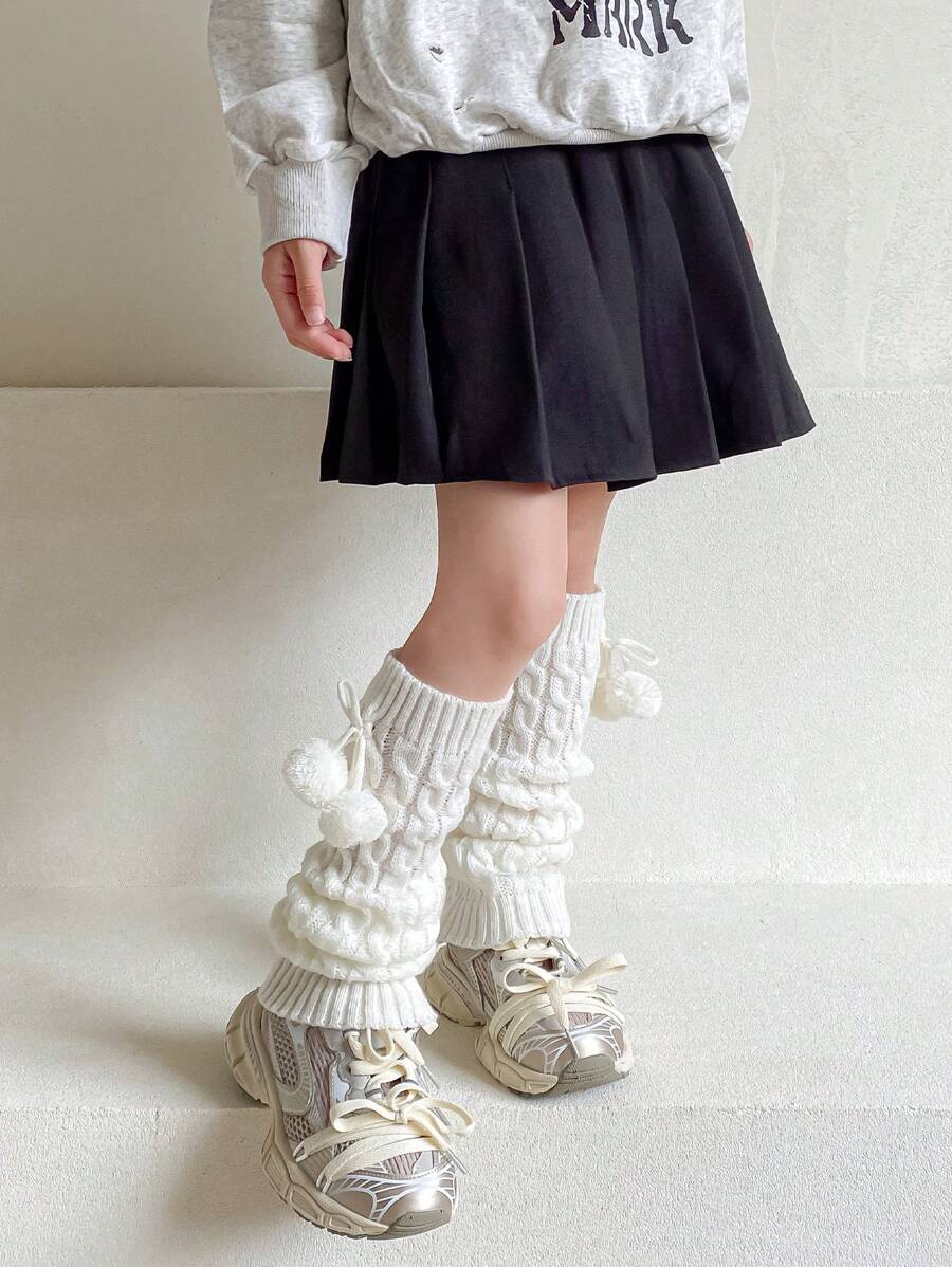 1 Pair Girls' Thick Knit Cable Leg Warmers With Pom Poms For Spring/Autumn