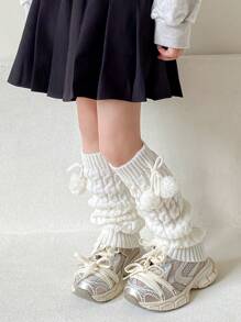1 Pair Girls' Thick Knit Cable Leg Warmers With Pom Poms For Spring/Autumn