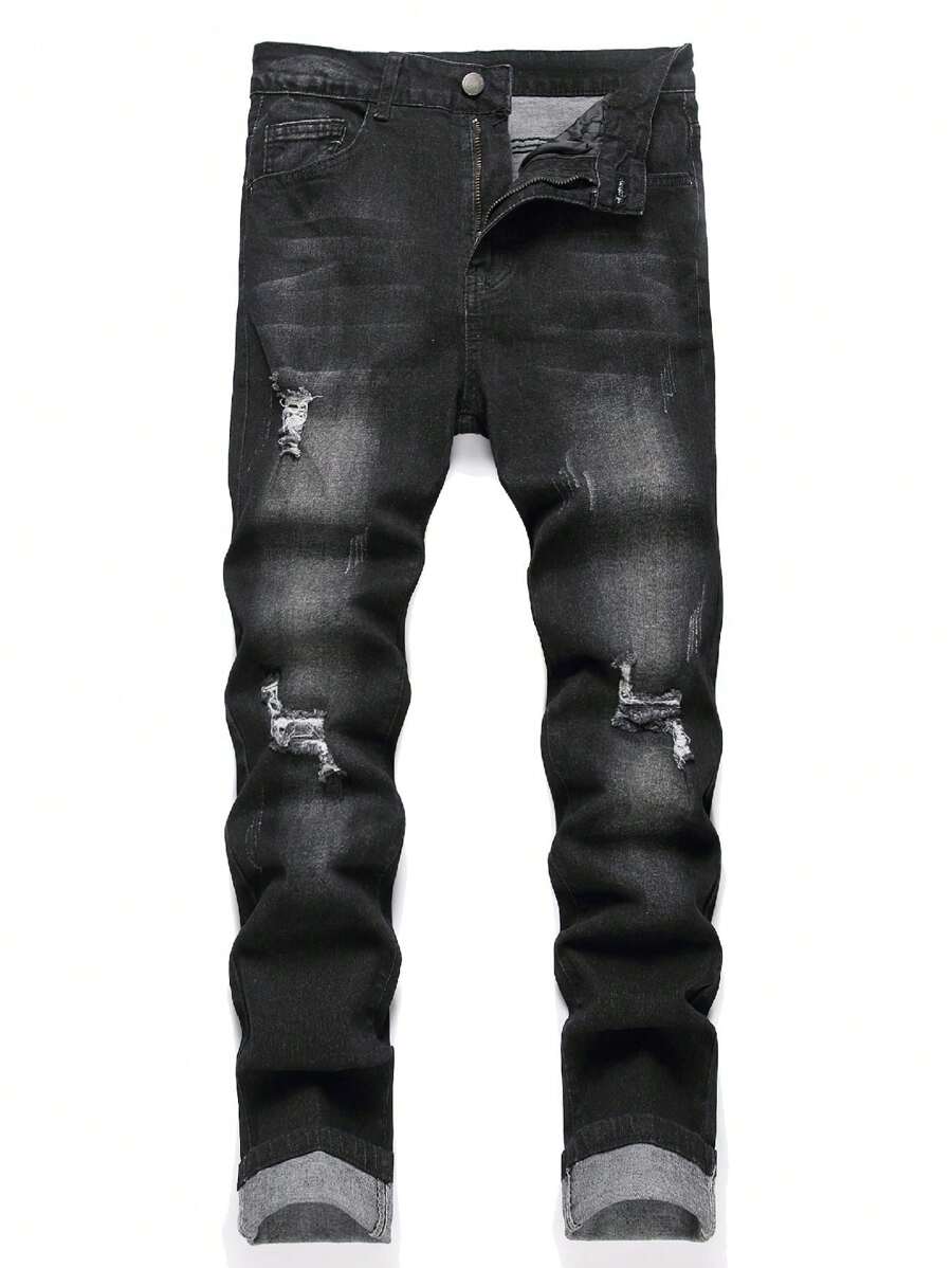 Men's Ripped Jeans Straight Leg Stretch Skinny Jeans For Men, Slim Fit Denim Pants - Black - View 1