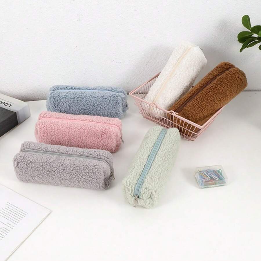 1 件大容量铅笔盒彩色软布毛绒创意化妆收纳袋文具收纳袋学生礼物学校办公用品 - 彩色 - 查看 1