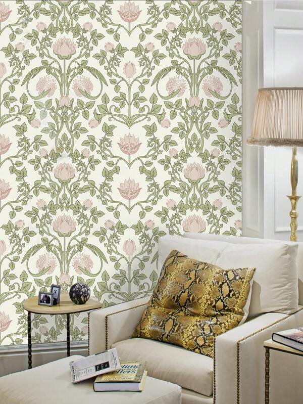 1 Roll Boho Style Floral Thicker Self-Adhesive Wallpaper, Waterproof Removable Wall Paper With Pink Flowers & Green Leaves Design, Suitable For Bedroom Decor, Self-Stick Shelf Liner, 17.5x394 Inch