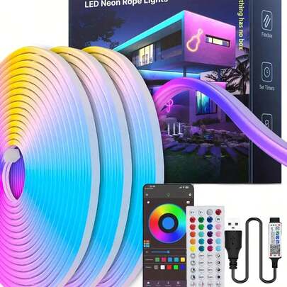 1条霓虹灯条，LED灯条，可通过App控制，配备44键遥控器，支持音乐同步，灵活的DIY设计，适用于卧室、客厅、游戏室、派对装饰、节日和圣诞节装饰。