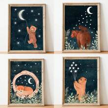 1 件林地森林动物夜空墙壁艺术熊和月亮海报狐狸鹿睡觉插图帆布画儿童房间装饰无框架 - 彩色 - 查看 2