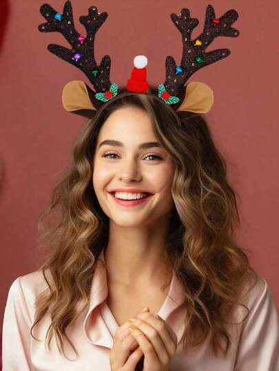 1 件圣诞鹿角铃铛头带，毛绒铃铛发箍，适合圣诞派对装饰、节日活动