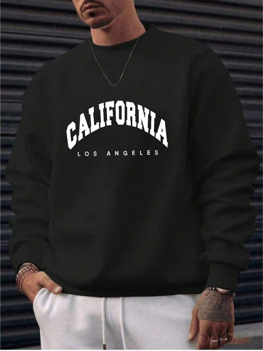 男士加大码运动英式印花休闲时尚圆领运动衫 - 黑色 - 查看 1