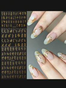 12张，约800颗金色花朵美甲贴纸，3D自粘金色花叶蕾丝美甲用品，几何线条美甲设计，适合女性和女孩的美甲装饰（12包） - 金色 - 查看 4