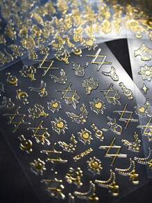 12张，约800颗金色花朵美甲贴纸，3D自粘金色花叶蕾丝美甲用品，几何线条美甲设计，适合女性和女孩的美甲装饰（12包） - 金色 - 查看 6