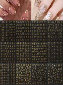 12张，约800颗金色花朵美甲贴纸，3D自粘金色花叶蕾丝美甲用品，几何线条美甲设计，适合女性和女孩的美甲装饰（12包） - 金色 - 查看 1