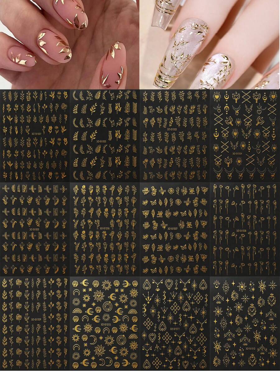 12张,约800颗金色花朵美甲贴纸,3D自粘金色花叶蕾丝美甲用品,几何线条美甲设计,适合女性和女孩的美甲装饰(12包) - 金色 - 查看 1