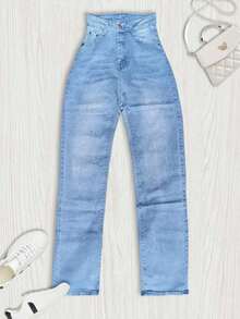 Pantalón Mezclilla Recto Pedrería Brillos Mom Jeans - Azul - Ver 5