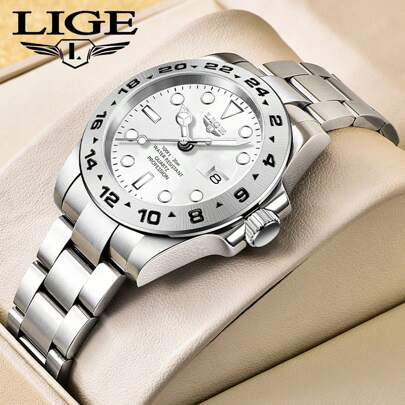 LIGE 1pc Men Silver Stainless Steel Strap Business Water Resistant Glow In The Dark Round Dial Quartz Watch, For Daily Life