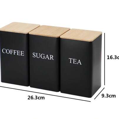 3Pcs Tea Coffee Sugar Canisters Set, Set Of 3 Airtight Food Storage 1Liter Easy To Open Storage Cansiters Jars Tin, Black